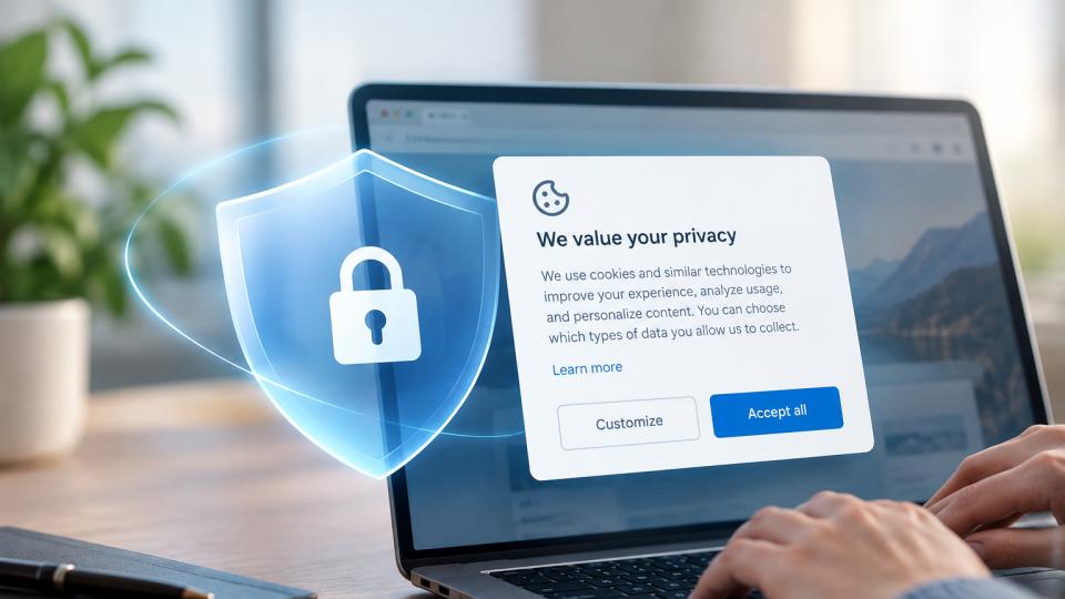 Laptop showing a cookie consent banner behind a privacy shield icon
