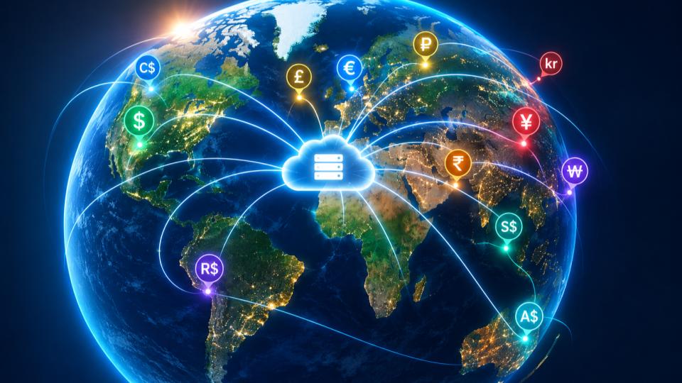 Globe showing currencies routed from a central server, representing regional pricing