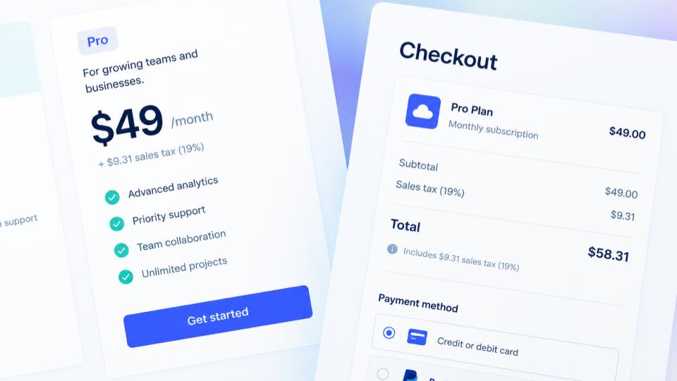 Checkout screen showing a pricing card with sales tax broken out before payment